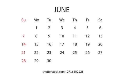 Juni 2026 Monatskalender-Vektorvorlage (Sommersaisonplaner, minimalistisches Geschäftszeitplan-Layout)
