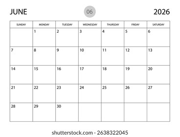 June 2026 year planner template, calendar 2026 template, monthly and yearly planners. organizer diary. week start Sunday, corporate planner template, Desk calendar 2026 year, Vector illustration