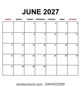 june 2027 calendar with holydays or red dates. monthly calendar design with week starts on sunday. printable, simple, and clean vector design isolated on white background.