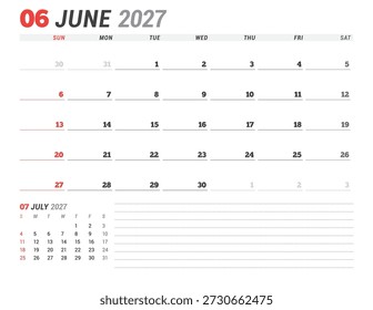 June 2027 calendar planner template. Week starts on Monday. Simple and modern design for effective scheduling and planning. Vector illustration for a printable business agenda page