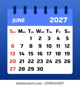 June 2027 monthly calendar with a stylish design and clear structure. Great for scheduling tasks, meetings, and personal reminders.