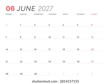 June 2027 monthly planner calendar template. Clean, minimalist vector illustration for web, print. Modern, simple schedule organizer, printable datebook page for business and personal use