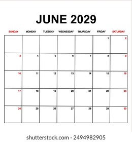 june 2029. Calendar with holydays or red dates. monthly calendar design with week starts on sunday. printable, simple, and clean vector design isolated on white background.