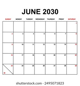 june 2030. Calendar with holydays or red dates. monthly calendar design with week starts on sunday. printable, simple, and clean vector design isolated on white background.