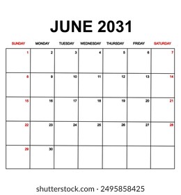 june 2031. Calendar with holydays or red dates. monthly calendar design with week starts on sunday. printable, simple, and clean vector design isolated on white background.