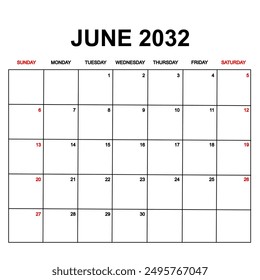 june 2032. Calendar with holydays or red dates. monthly calendar design with week starts on sunday. printable, simple, and clean vector design isolated on white background.