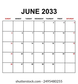 june 2033. Calendar with holydays or red dates. monthly calendar design with week starts on sunday. printable, simple, and clean vector design isolated on white background.