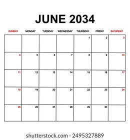 june 2034. Calendar with holydays or red dates. monthly calendar design with week starts on sunday. printable, simple, and clean vector design isolated on white background.