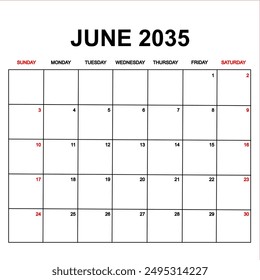 june 2035. Calendar with holydays or red dates. monthly calendar design with week starts on sunday. printable, simple, and clean vector design isolated on white background.