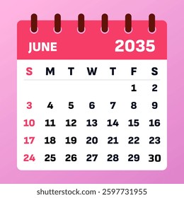 June 2035 Calendar Template. Vector Illustration of a summer planner. Flat calendar
