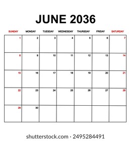 june 2036. Calendar with holydays or red dates. monthly calendar design with week starts on sunday. printable, simple, and clean vector design isolated on white background.