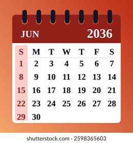 June 2036 Calendar Vector. Monthly planner. June 2036 Flat Calendar Design. Minimalist vector illustration