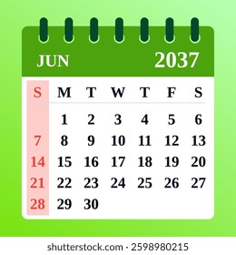 June 2037 Calendar Template. Planner. Clean June layout for organizing schedules