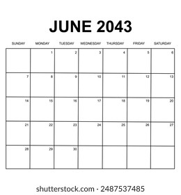 june 2043 monthly calendar design. week starts on sunday. printable, simple, and clean vector design isolated on white background.