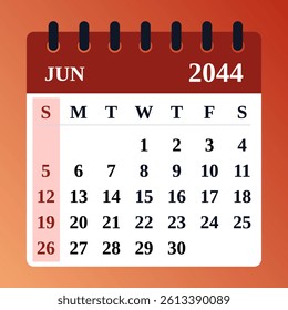 June 2044 calendar design. Flat editable template, modern vector style