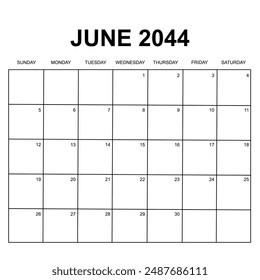 june 2044. monthly calendar design. week starts on sunday. printable, simple, and clean vector design isolated on white background.