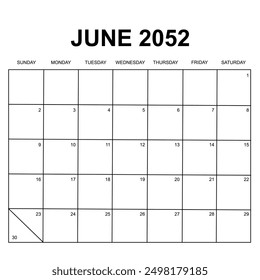 june 2052. monthly calendar design. week starts on sunday. printable, simple, and clean vector design isolated on white background.