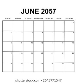 Junho de 2057. design de calendário mensal. semana começa no domingo. design de vetor imprimível, editável, simples e limpo isolado no fundo branco.