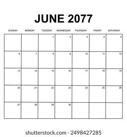 june 2077. monthly calendar design. week starts on sunday. printable, simple, and clean vector design isolated on white background.