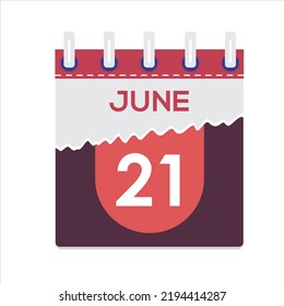 June 21. Vector flat daily calendar icon. Date and time, day, month. Holiday. Season. White Background