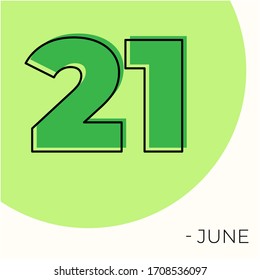 June 21st Modern calendar isolated on white background. Vector illustration. Green colors 