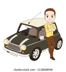 June 22, 2018: Cartoon Illustration Of A Man Leaning On A Mini Cooper Car. Vector Editorial.