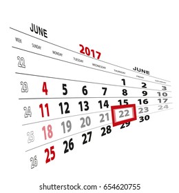 June 22, highlighted on 2017 calendar. Vector Illustration.