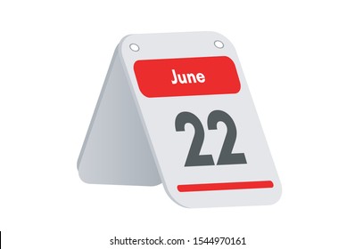 June 22th calendar icon. Day 22 of month. Vector illustration.