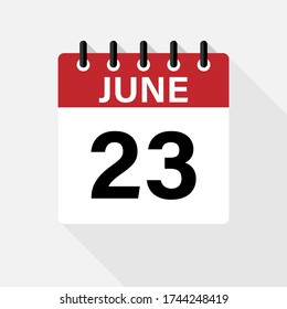 Icono del calendario del 23 de junio. Icono de calendario con sombra. Estilo plano. Fecha, día y mes.