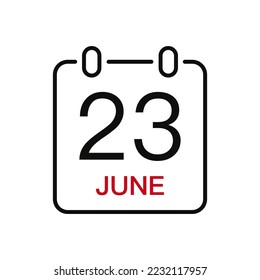 June 23 date on the calendar, vector line stroke icon for user interface. Calendar with date, vector illustration.