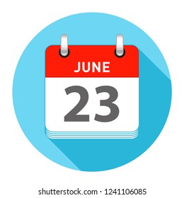 June 23 Date on a Single Day Calendar in Flat Style with long flat shadow on a blue background