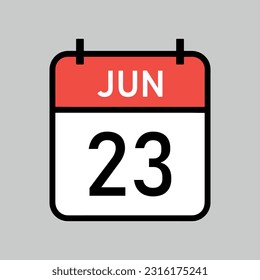 june 23 red and white color calendar page with black outline, calendar date vector illustration