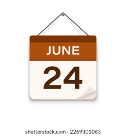 June 24, Calendar icon with shadow. Day, month. Meeting appointment time. Event schedule date. Flat vector illustration. 