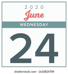 
June 24th, 2020. Calendar day icon. Red and grey color.