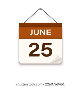 June 25, Calendar icon with shadow. Day, month. Meeting appointment time. Event schedule date. Flat vector illustration. 