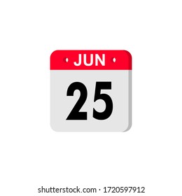 June 25 - Calendar Icon. Summer days of the year. Calendar Icon with shadow. Flat style. Date, day and month. Reminder. Vector illustration. Organizer application, app symbol. Ui. User interface sign.