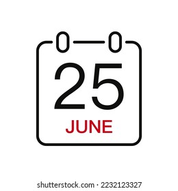 June 25 date on the calendar, vector line stroke icon for user interface. Calendar with date, vector illustration.