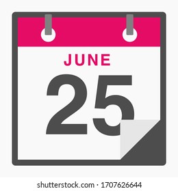 25 de junio Calendario de icono plano aislado en fondo blanco. Ilustración del vector