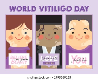 June 25th - World Vitiligo Day. People with skin problems Vitiligo holding sign card with motivational phrase. Body positive self love flat design. Depigmentation disease.