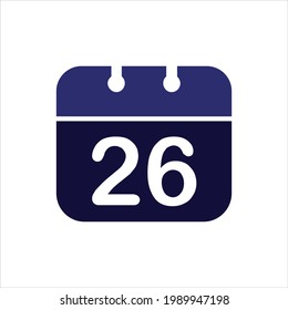 June 26 Calendar Icon. Calendar Icon. Flat style. Date, day and month.