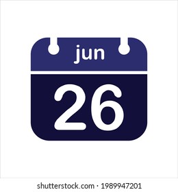 June 26 Calendar Icon. Calendar Icon. Flat style. Date, day and month.