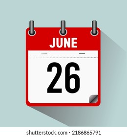 June 26, calendar icon vector illustration, isoleted on light blue background.