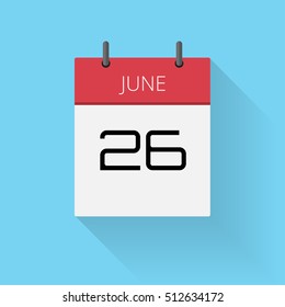 June 26, Daily calendar icon, Date and time, day, month, Holiday, Flat designed Vector Illustration