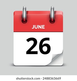 June 26 daily realistic red calendar icon date vector image