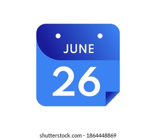June 26 Date on a Single Day Calendar in Flat Style, 26 June calendar icon