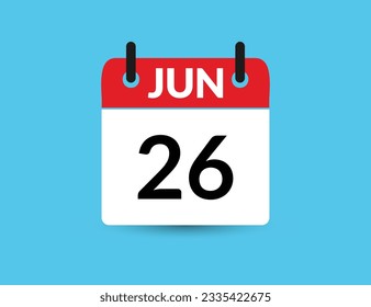 June 26. Flat icon calendar isolated on blue background. Date and month vector illustration