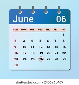 26. Juni. Flacher Symbolkalender isoliert auf blauem Hintergrund. Vektorillustration für Datum und Monat