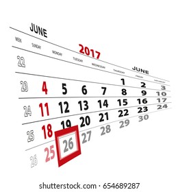 June 26, highlighted on 2017 calendar. Vector Illustration.