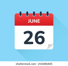 June 26, 26 of the month. Vector flat design of daily calendar icon. Date and day of the year.