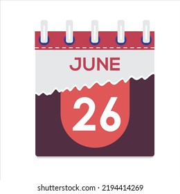 26 de junio. Icono de calendario diario plano vectorial. Fecha y hora, día, mes. Vacaciones. Temporada. Fondo blanco